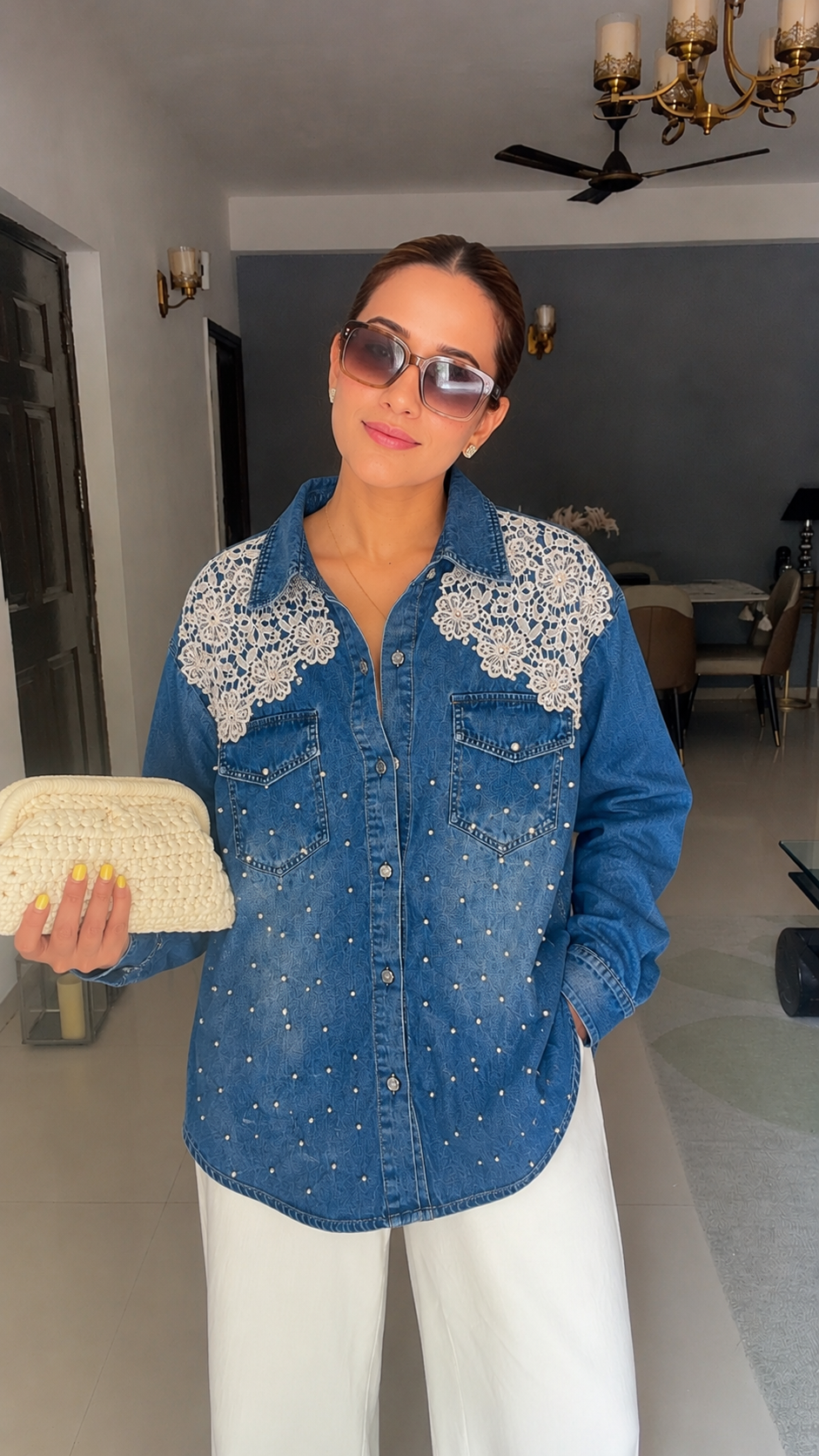 Pearl Detail Lace Denim Shirt