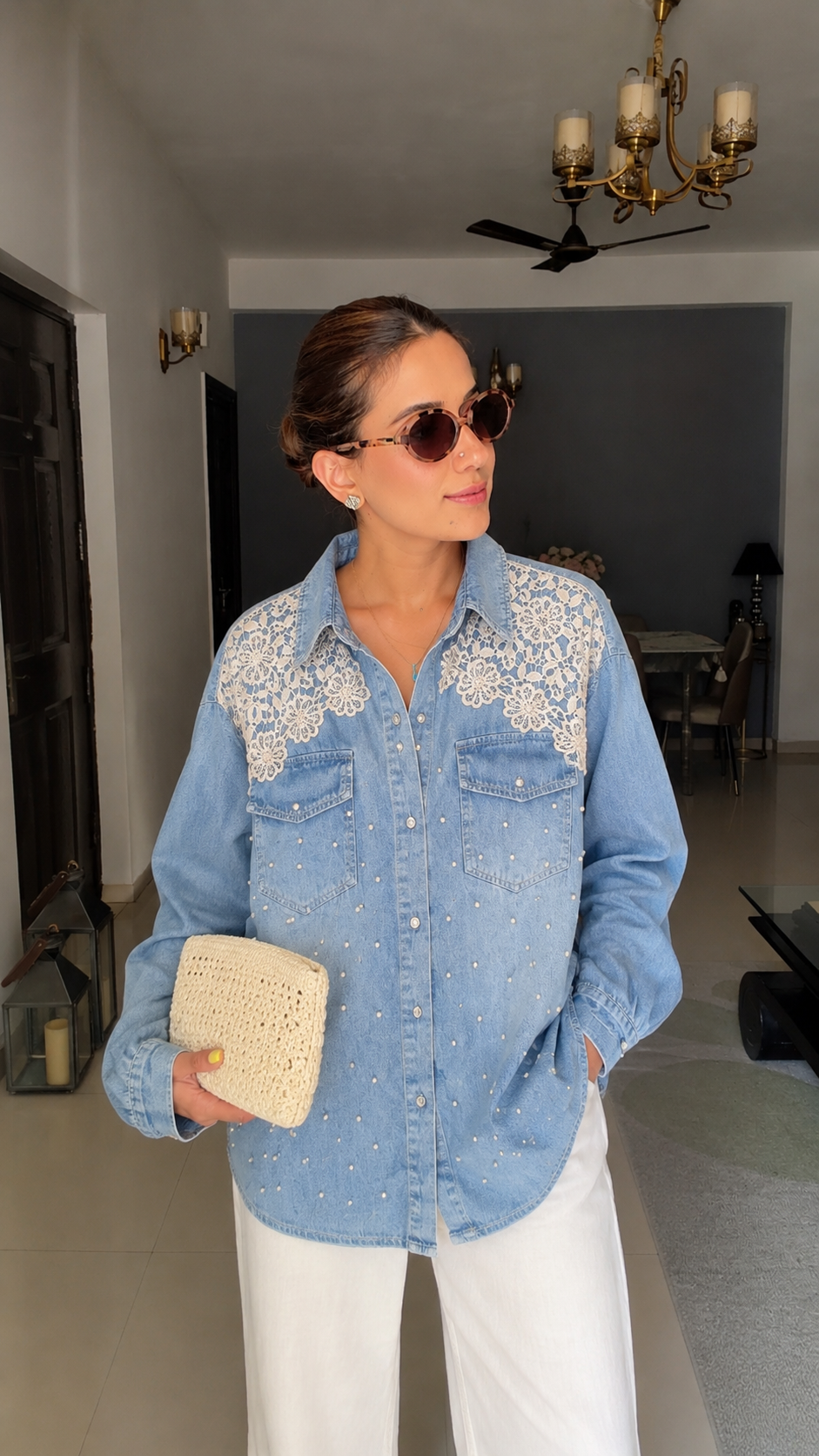Pearl Detail Lace Denim Shirt
