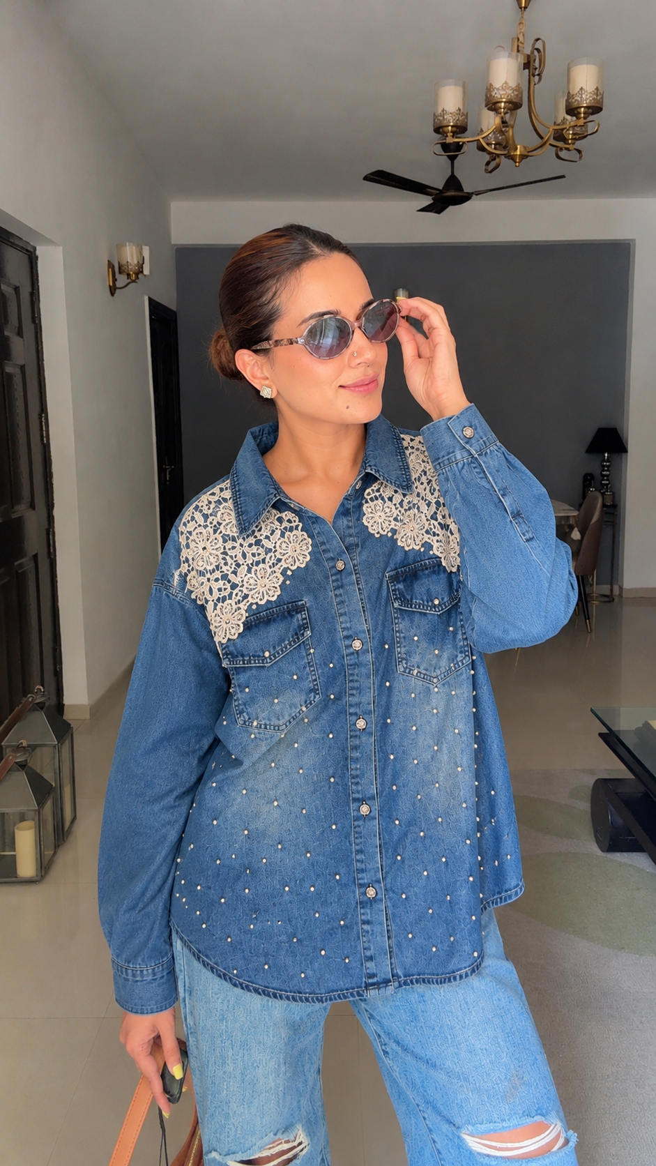 Pearl Detail Lace Denim Shirt
