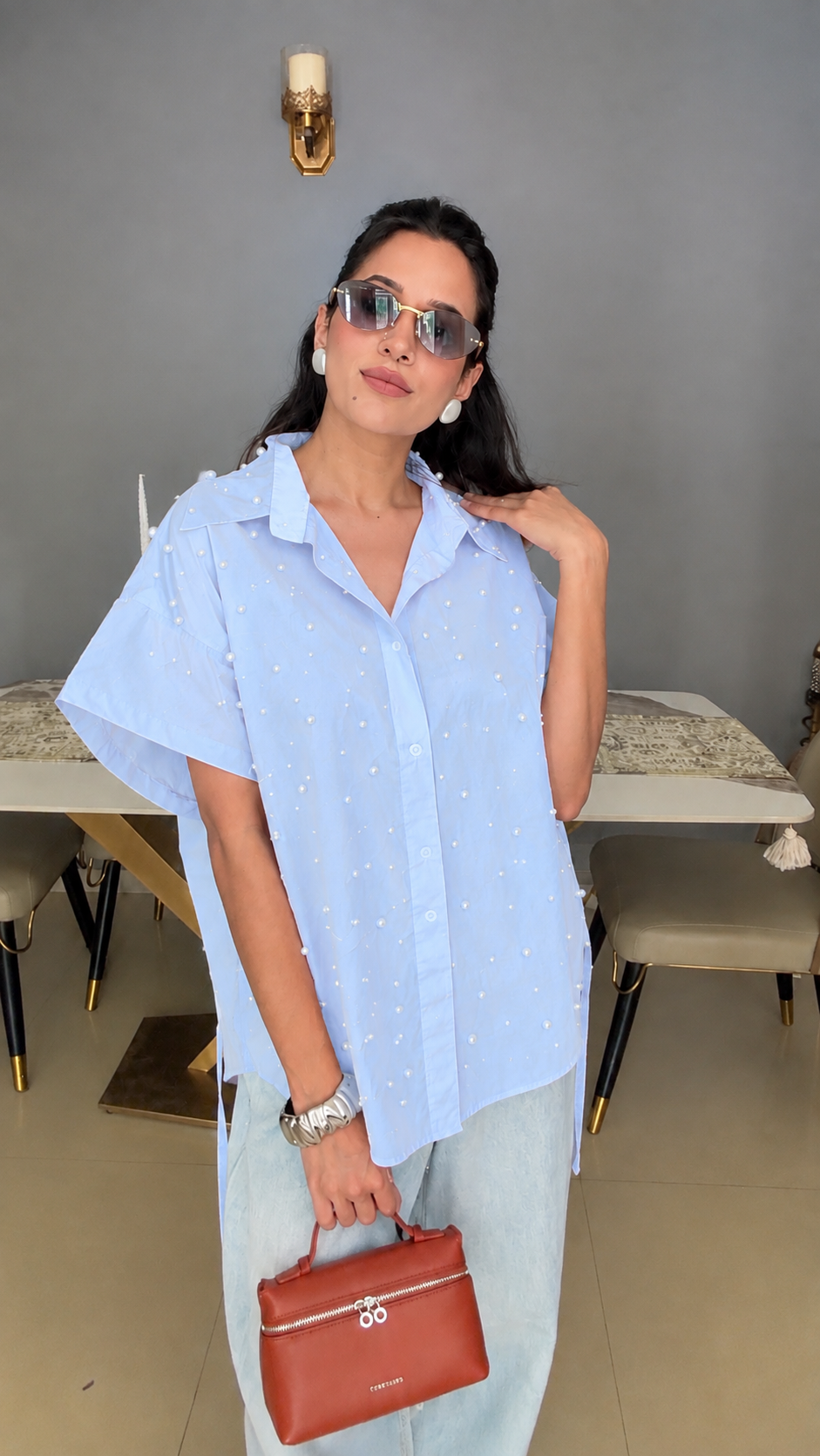 Oversized Pearl Embedded Poplin Shirt