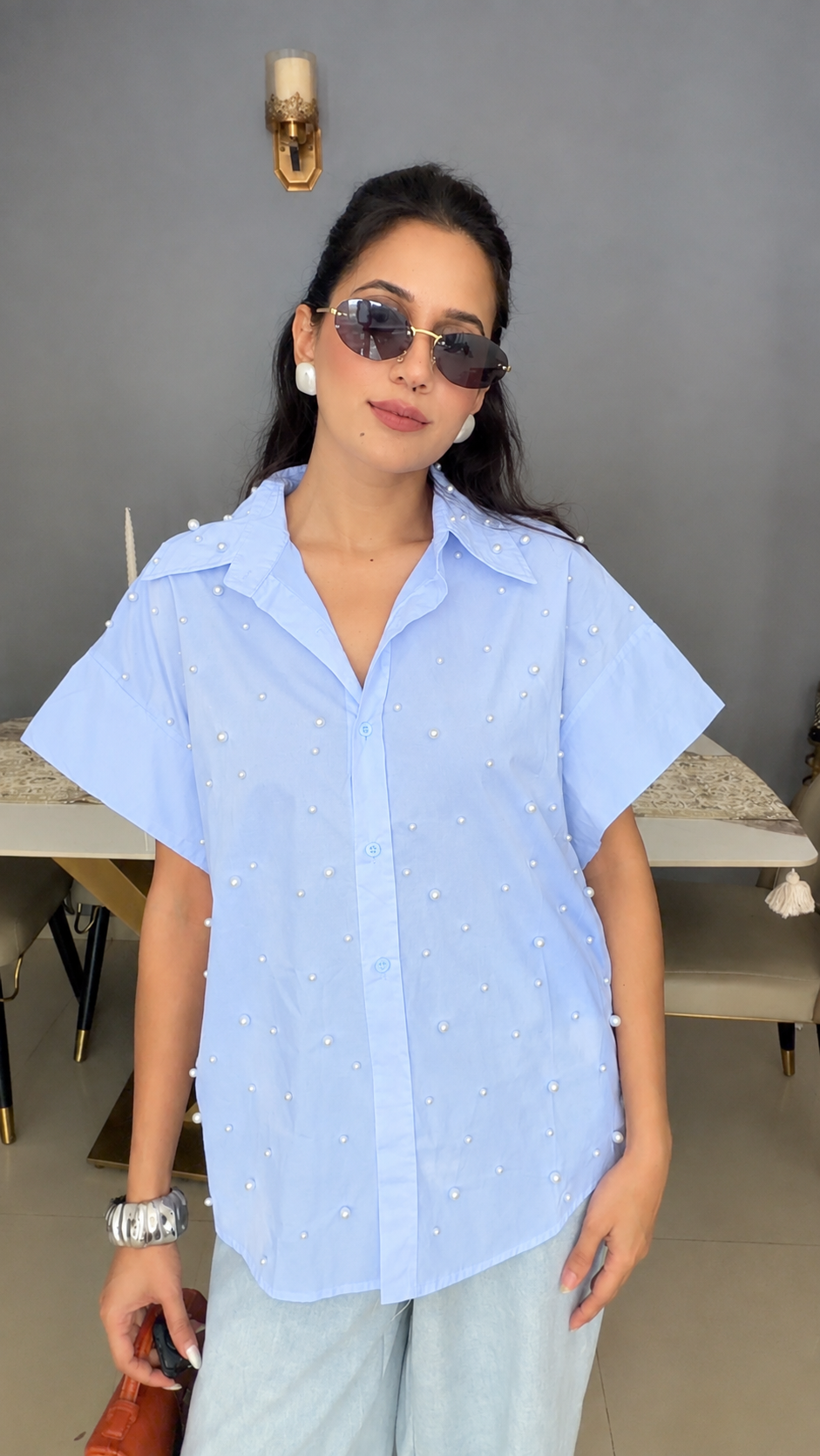 Oversized Pearl Embedded Poplin Shirt
