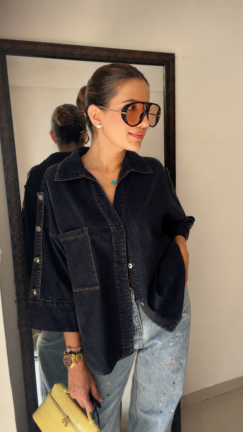 Washed Denim Oversized Shirt with Studded Sleeves