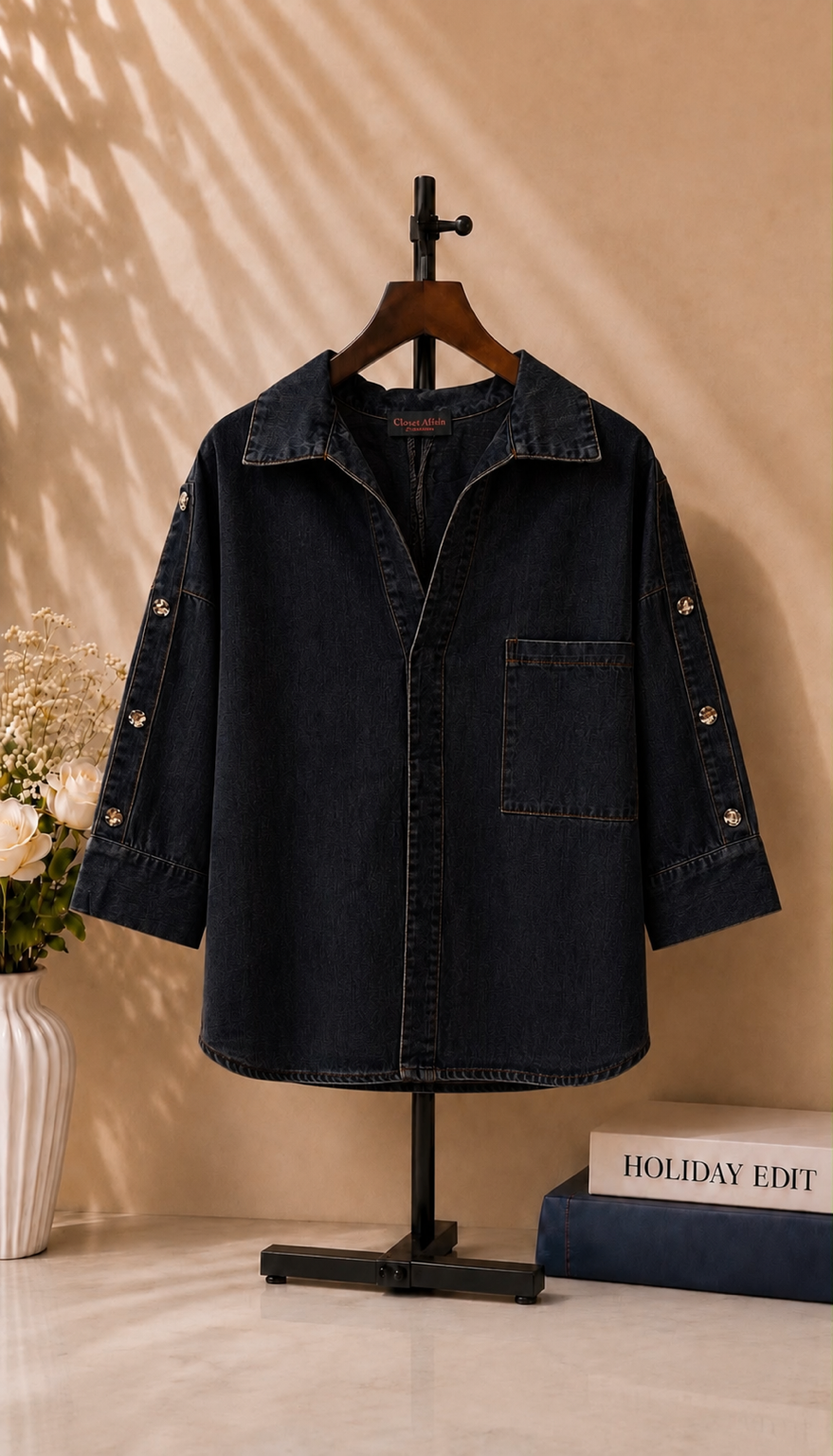 Washed Denim Oversized Shirt with Studded Sleeves