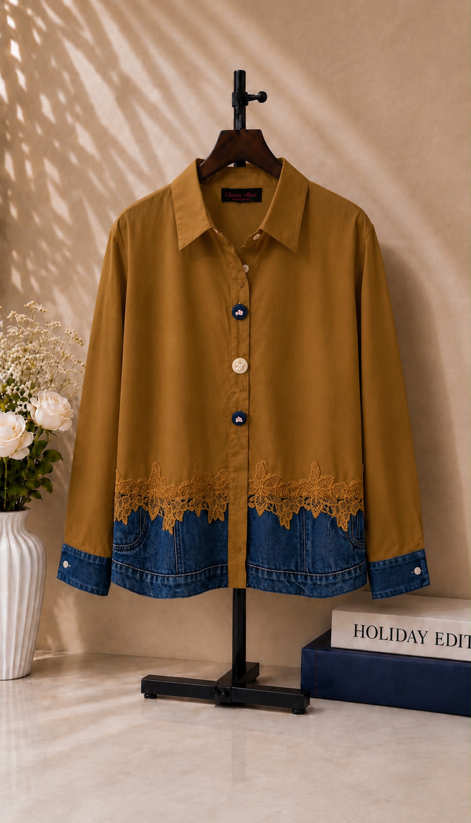 Lace Trim Denim Contrast Shirt