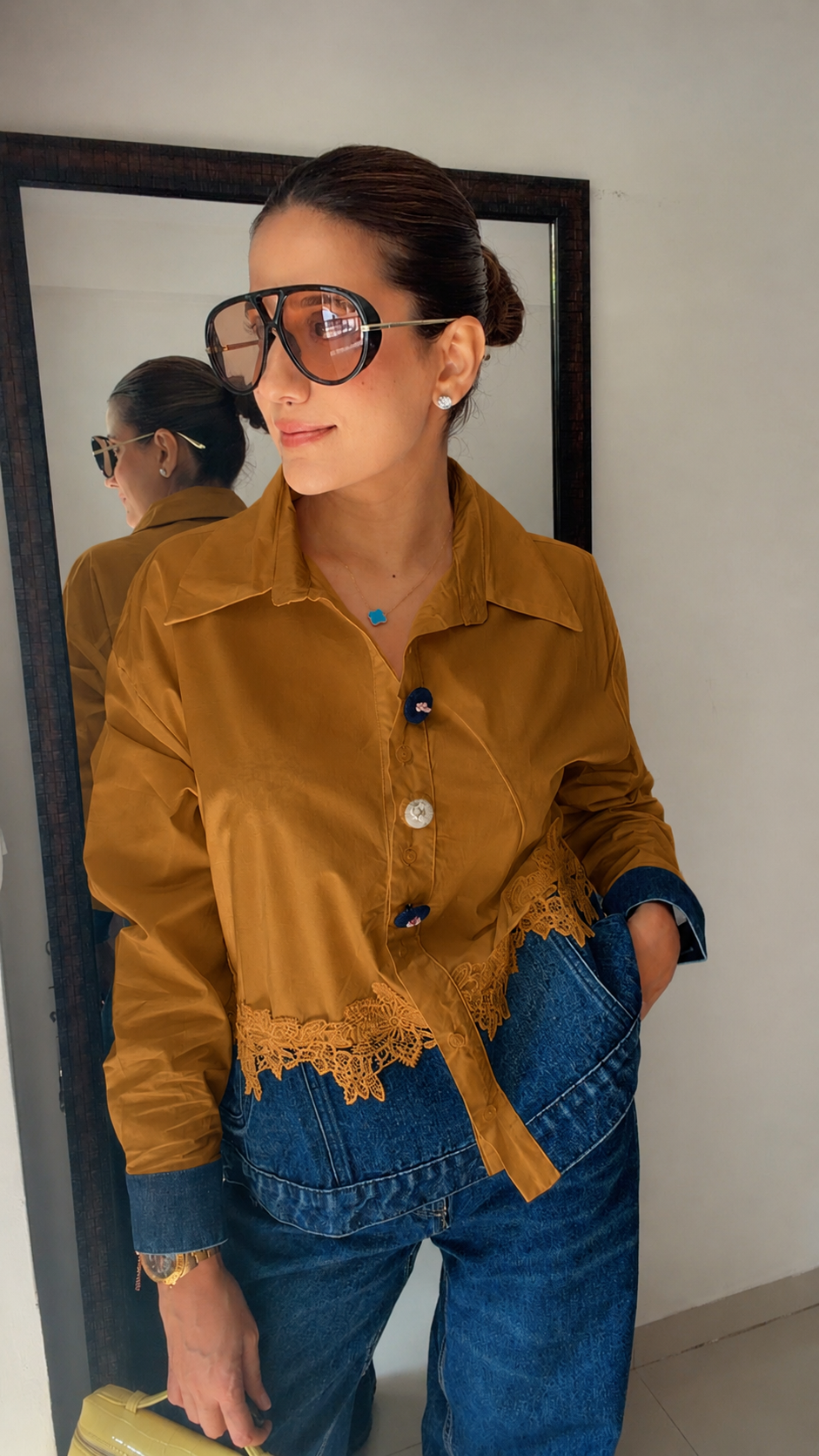 Lace Trim Denim Contrast Shirt