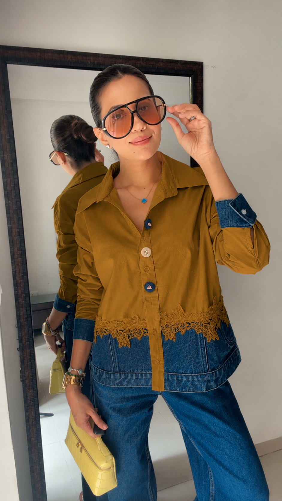 Lace Trim Denim Contrast Shirt