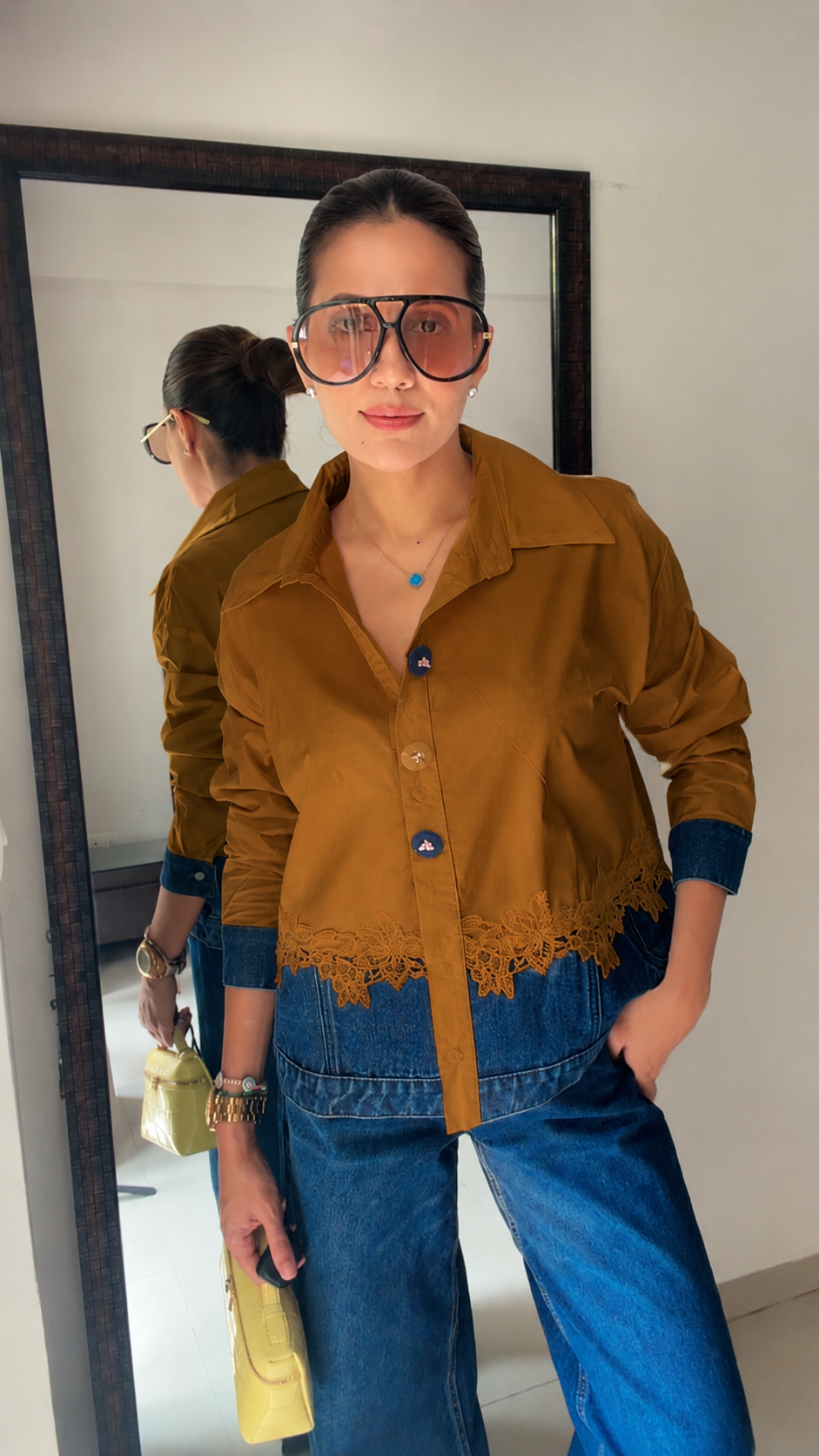 Lace Trim Denim Contrast Shirt