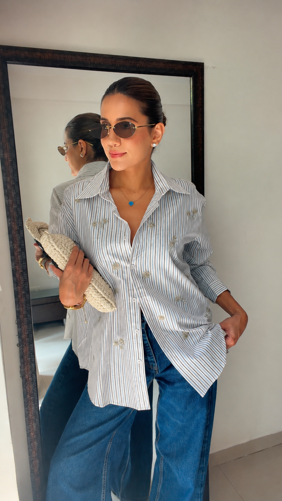 Embroidered Motif Pinstripe Poplin Shirt