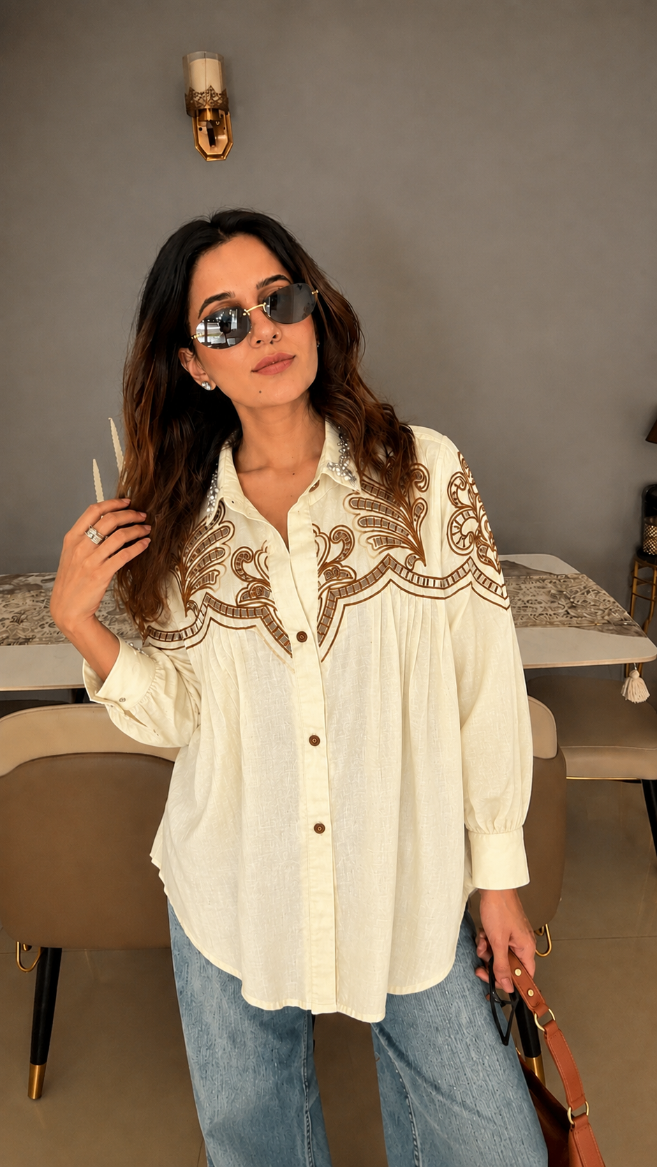Embellished Embroidered Pintuck Poplin Shirt