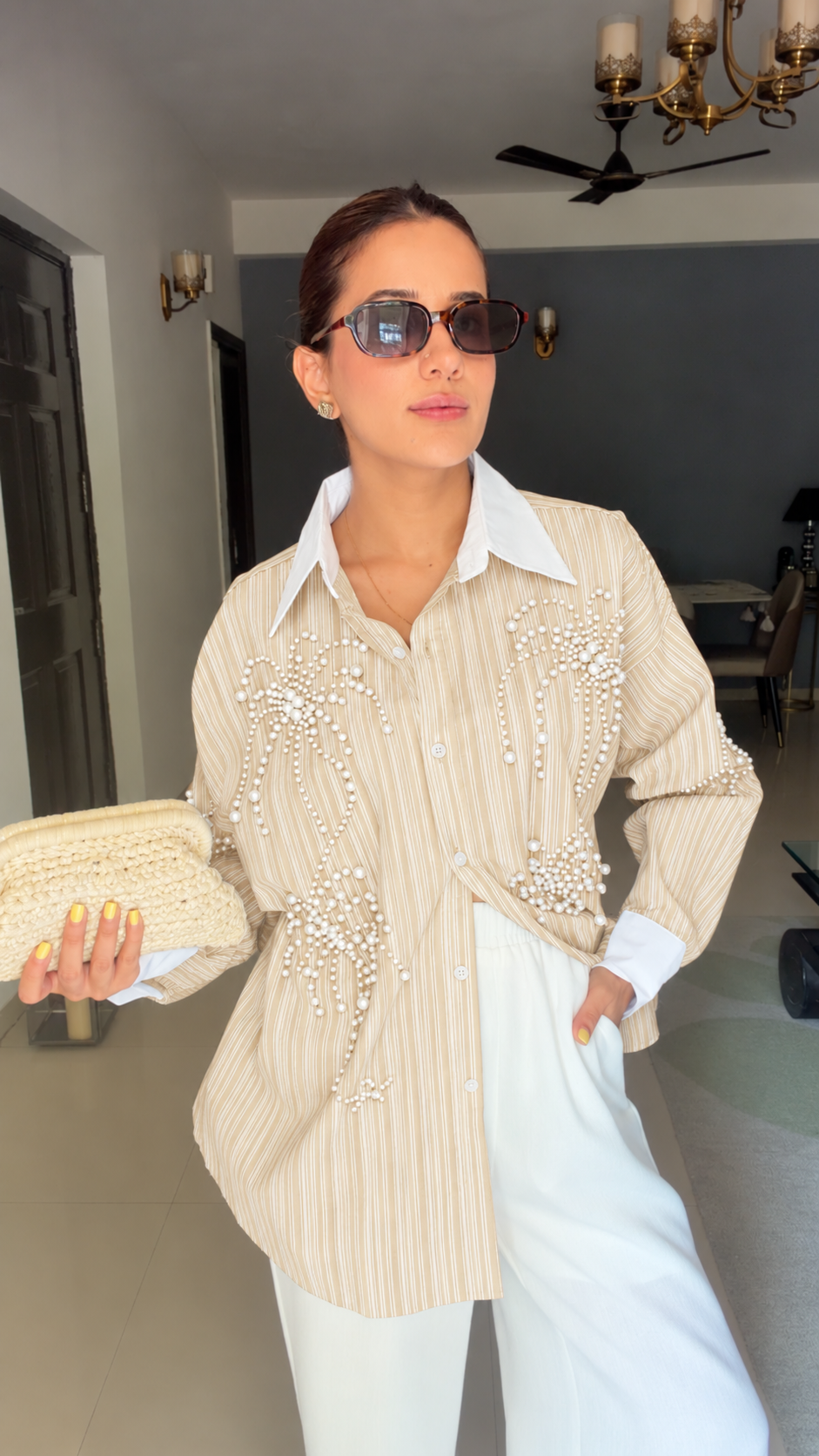 Pinstripe Pearl Detailed Poplin Shirt