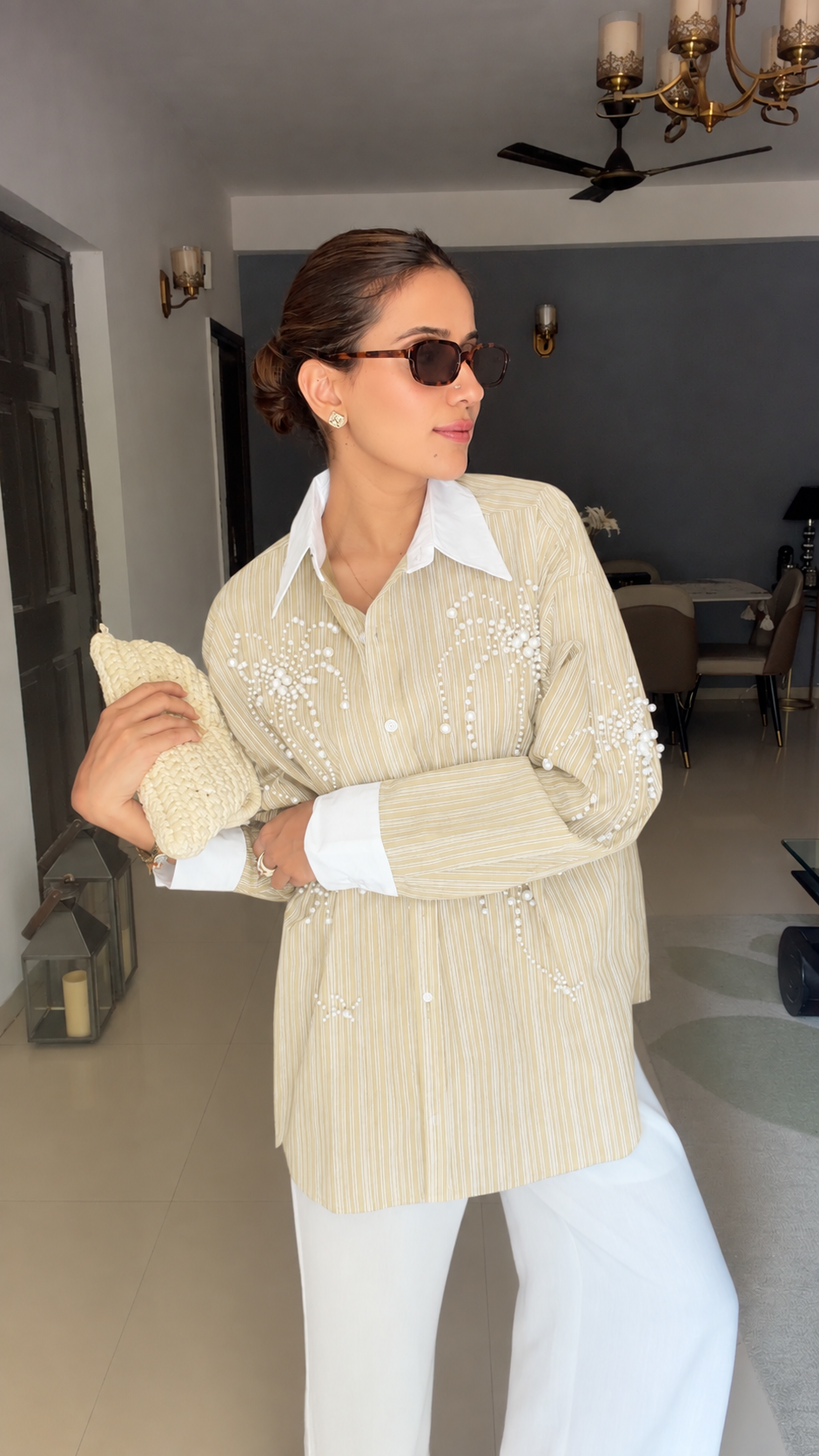 Pinstripe Pearl Detailed Poplin Shirt