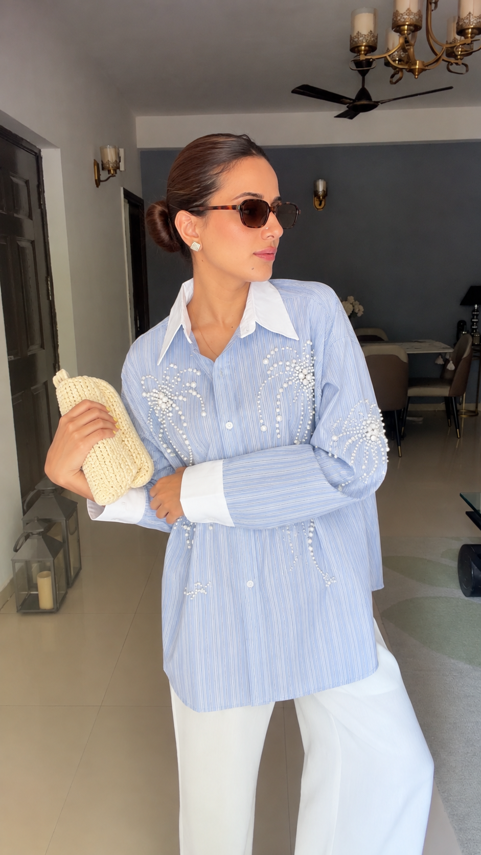 Pinstripe Pearl Detailed Poplin Shirt