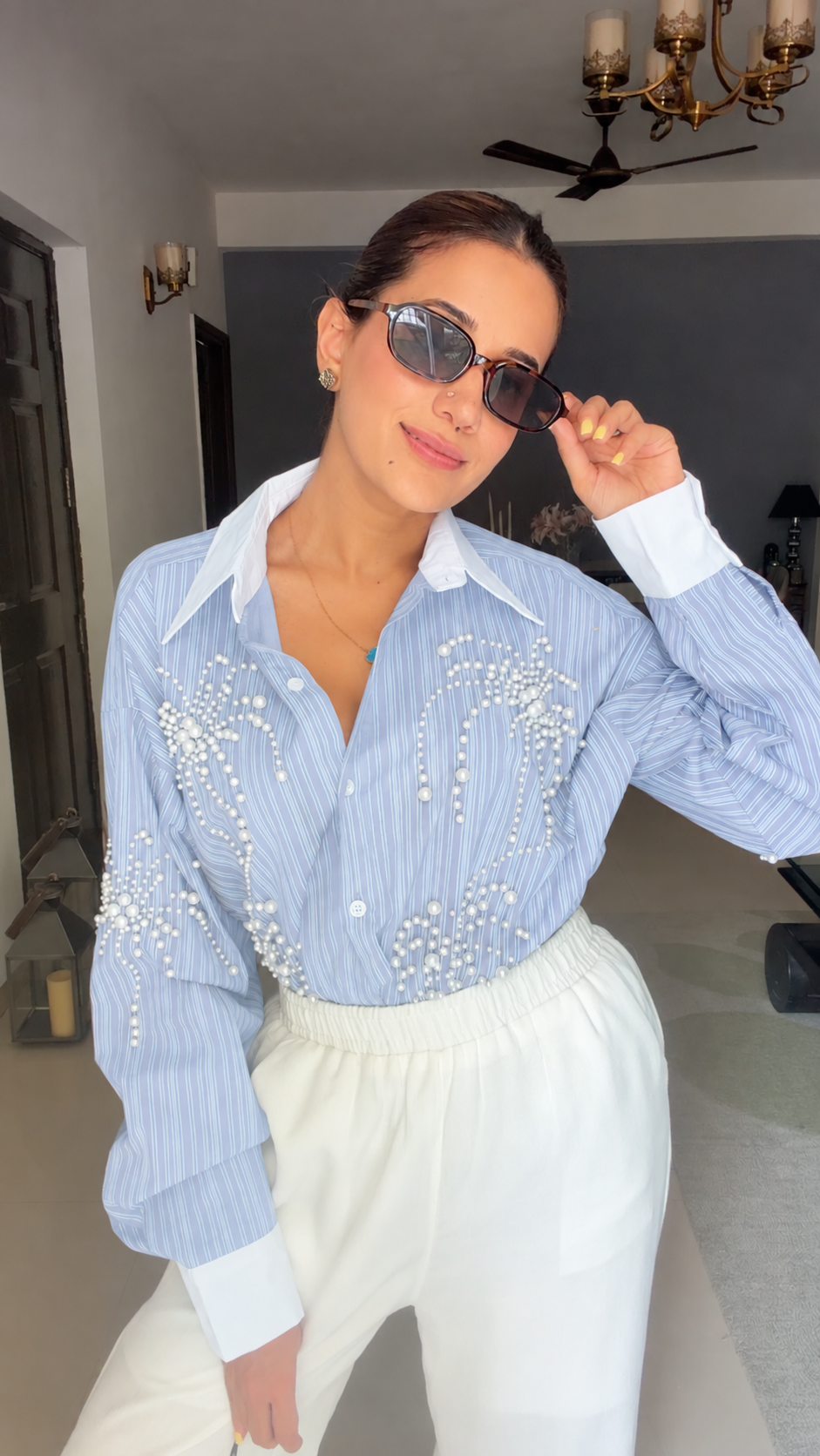 Pinstripe Pearl Detailed Poplin Shirt