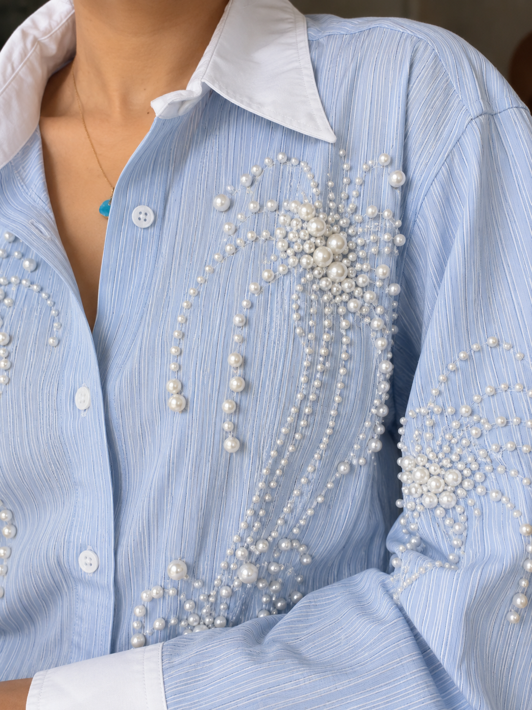 Pinstripe Pearl Detailed Poplin Shirt