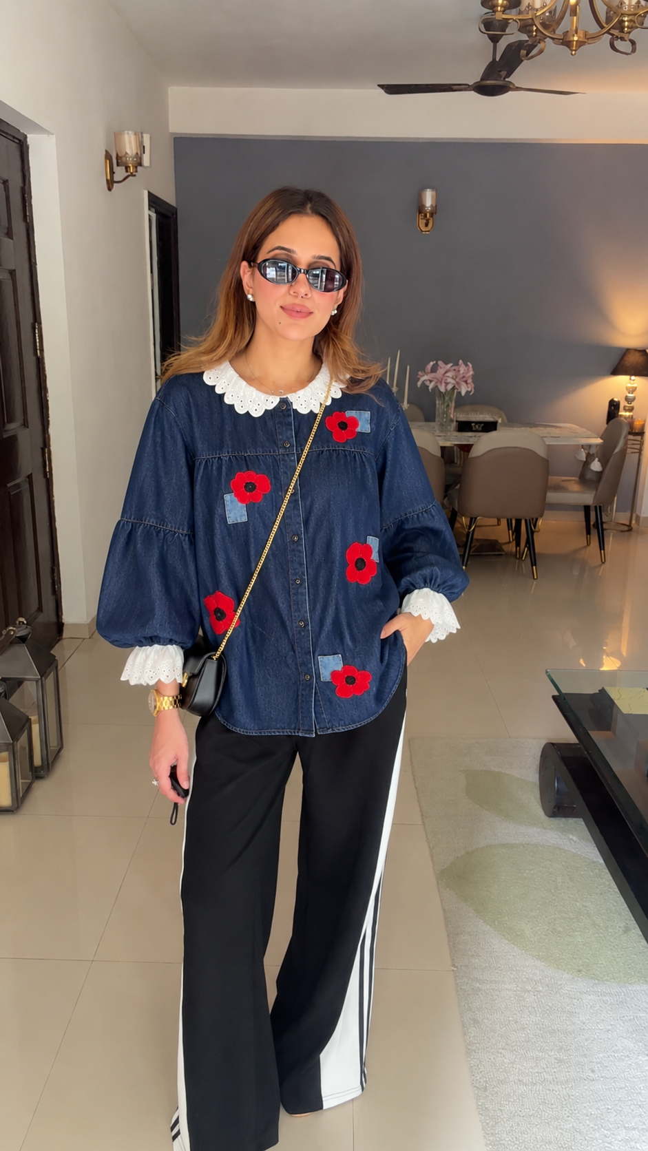 Floral Patchwork Denim Shirt with Lace Collar