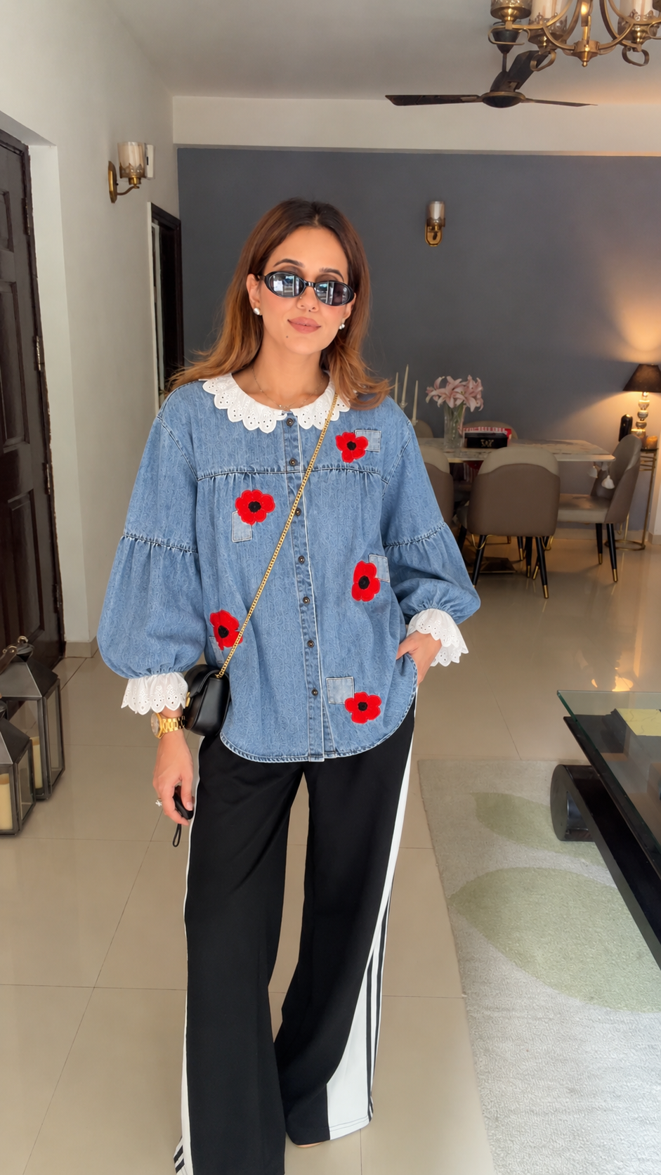 Floral Patchwork Denim Shirt with Lace Collar
