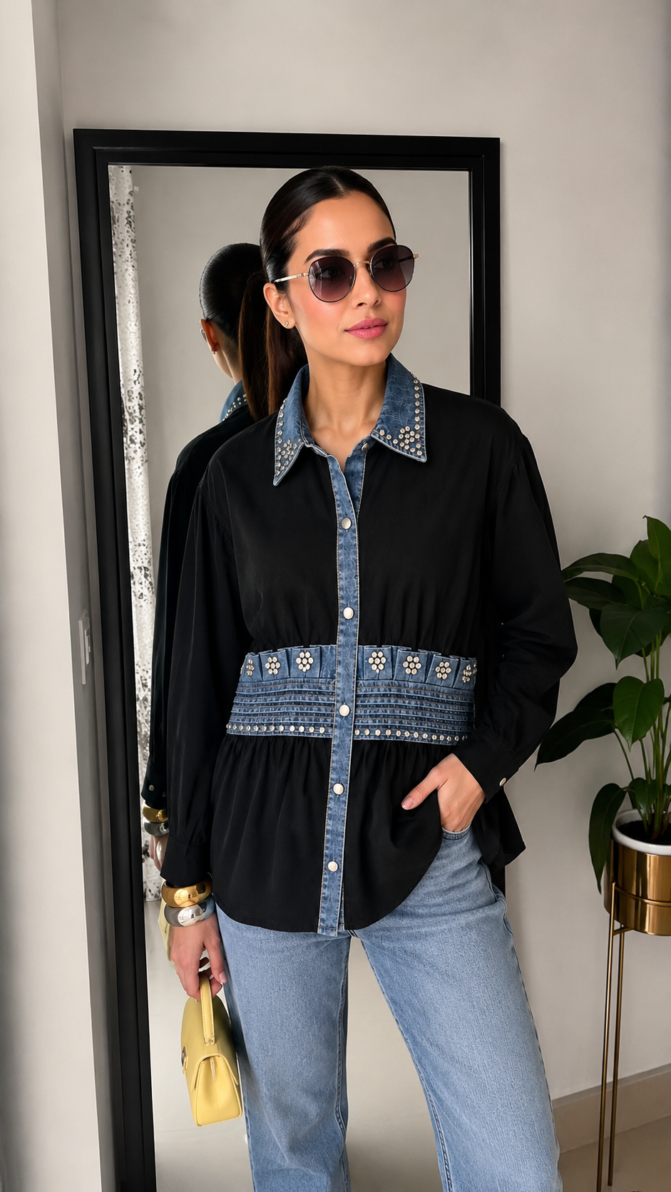 Pearl Denim-Trim Peplum Shirt