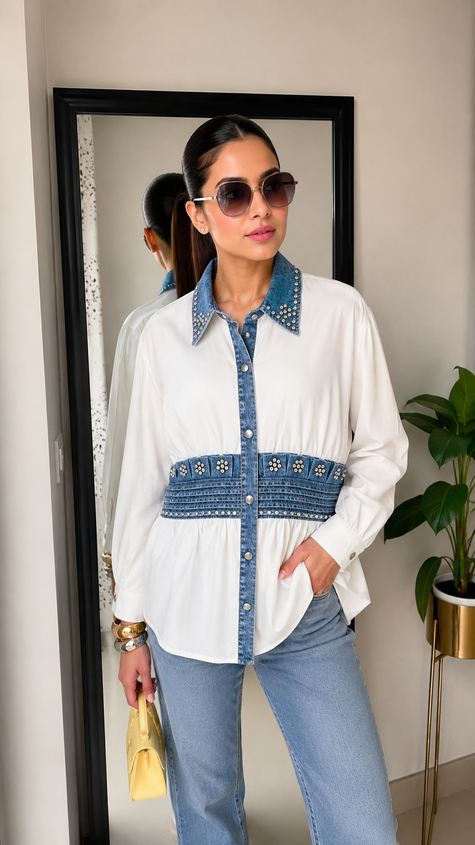 Pearl Denim-Trim Peplum Shirt