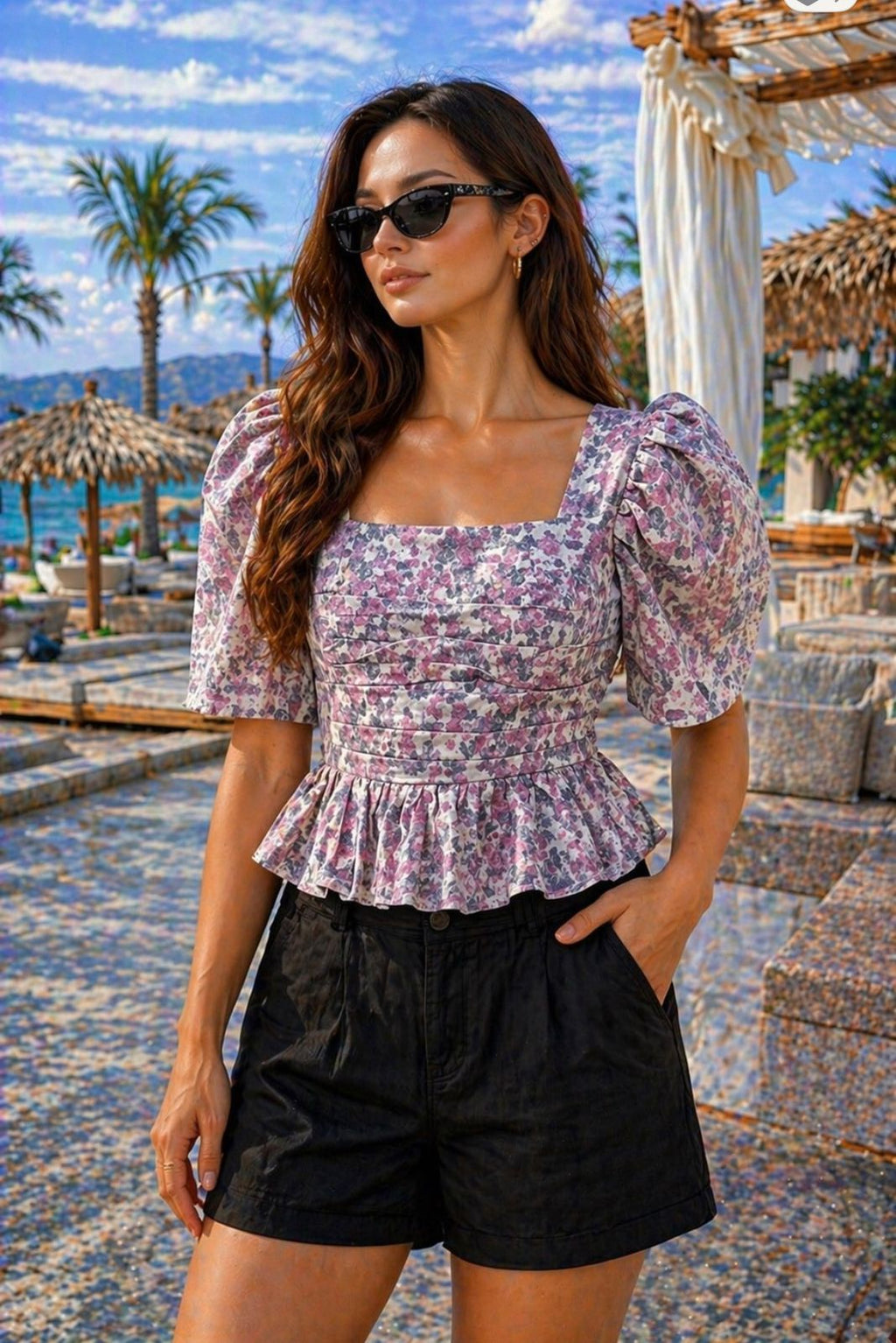 Floral Puff Sleeve Peplum Top