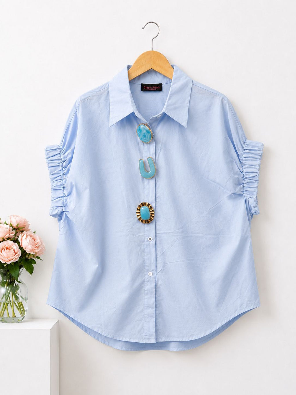 Ruched Sleeve Button-Up Poplin Shirt