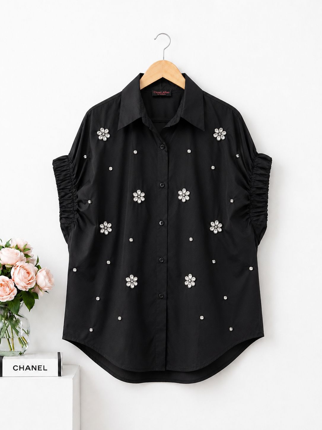 Embellished Ruched Sleeve Statement Top