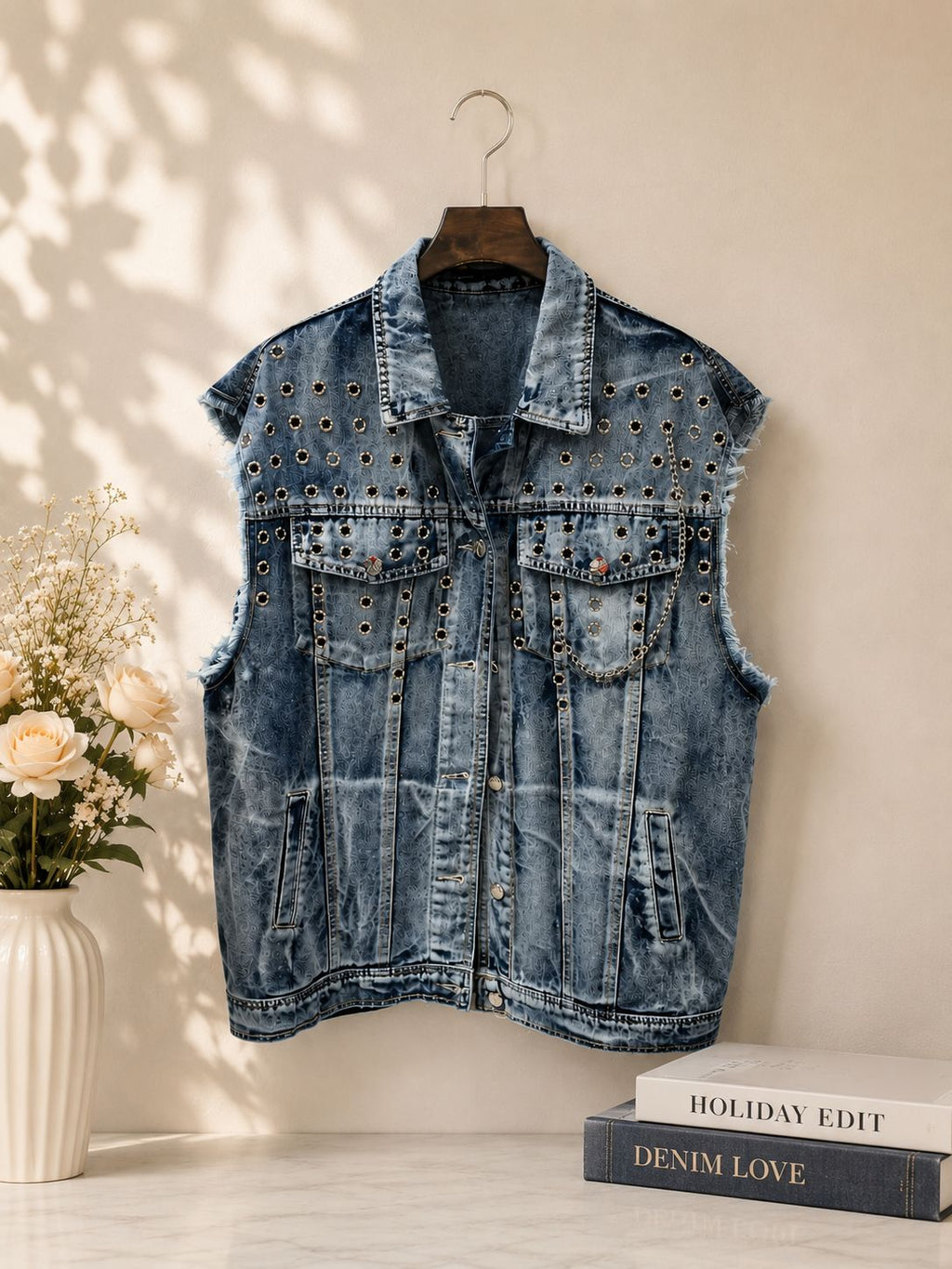 Studded Sleeveless Denim Jacket