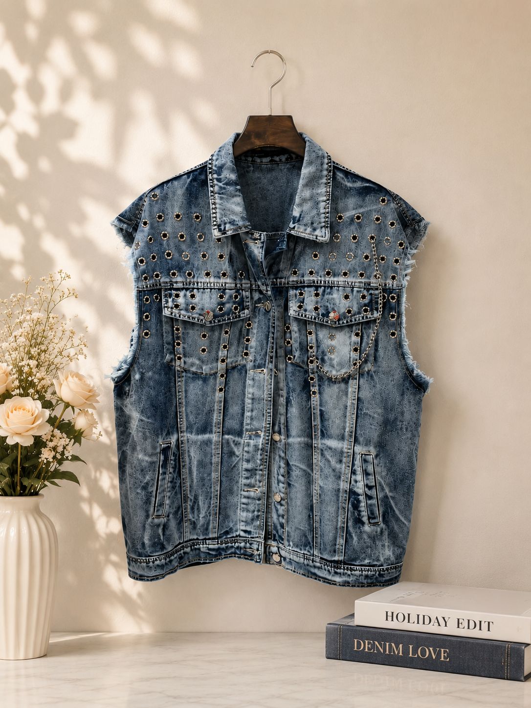 Studded Sleeveless Denim Jacket