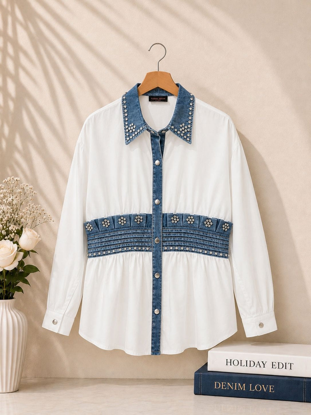 Pearl Denim-Trim Peplum Shirt