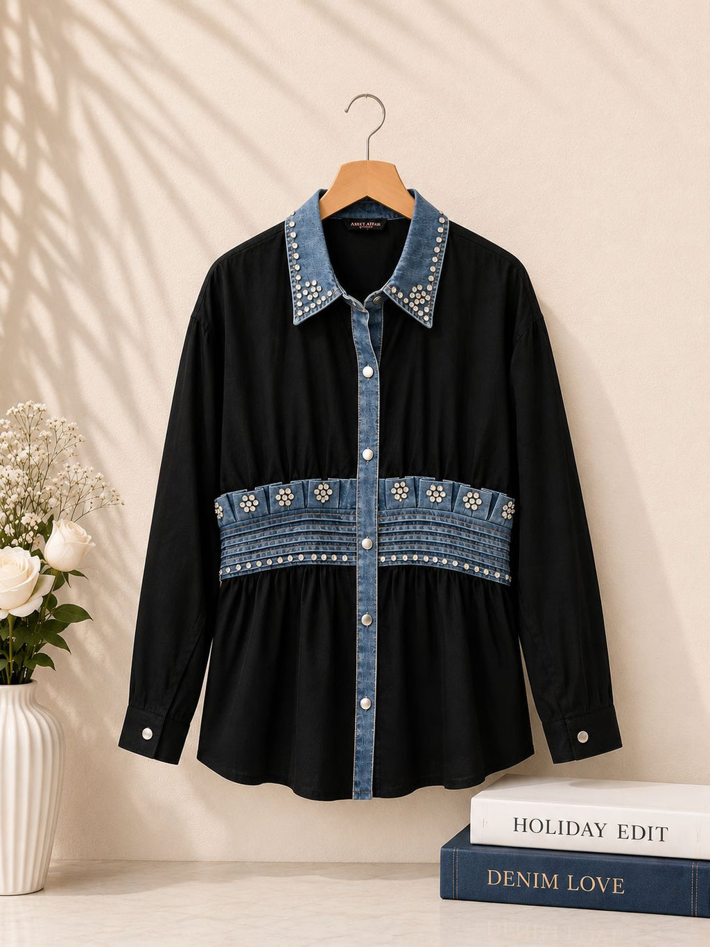 Pearl Denim-Trim Peplum Shirt