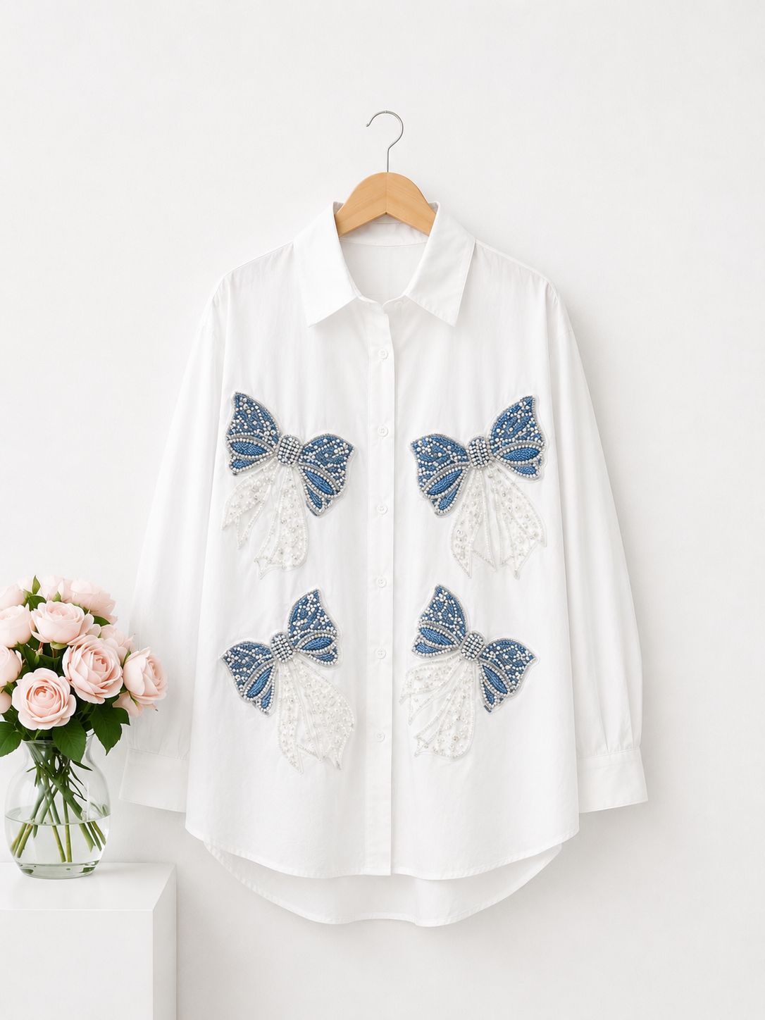 White Button Shirt with bow embellishment