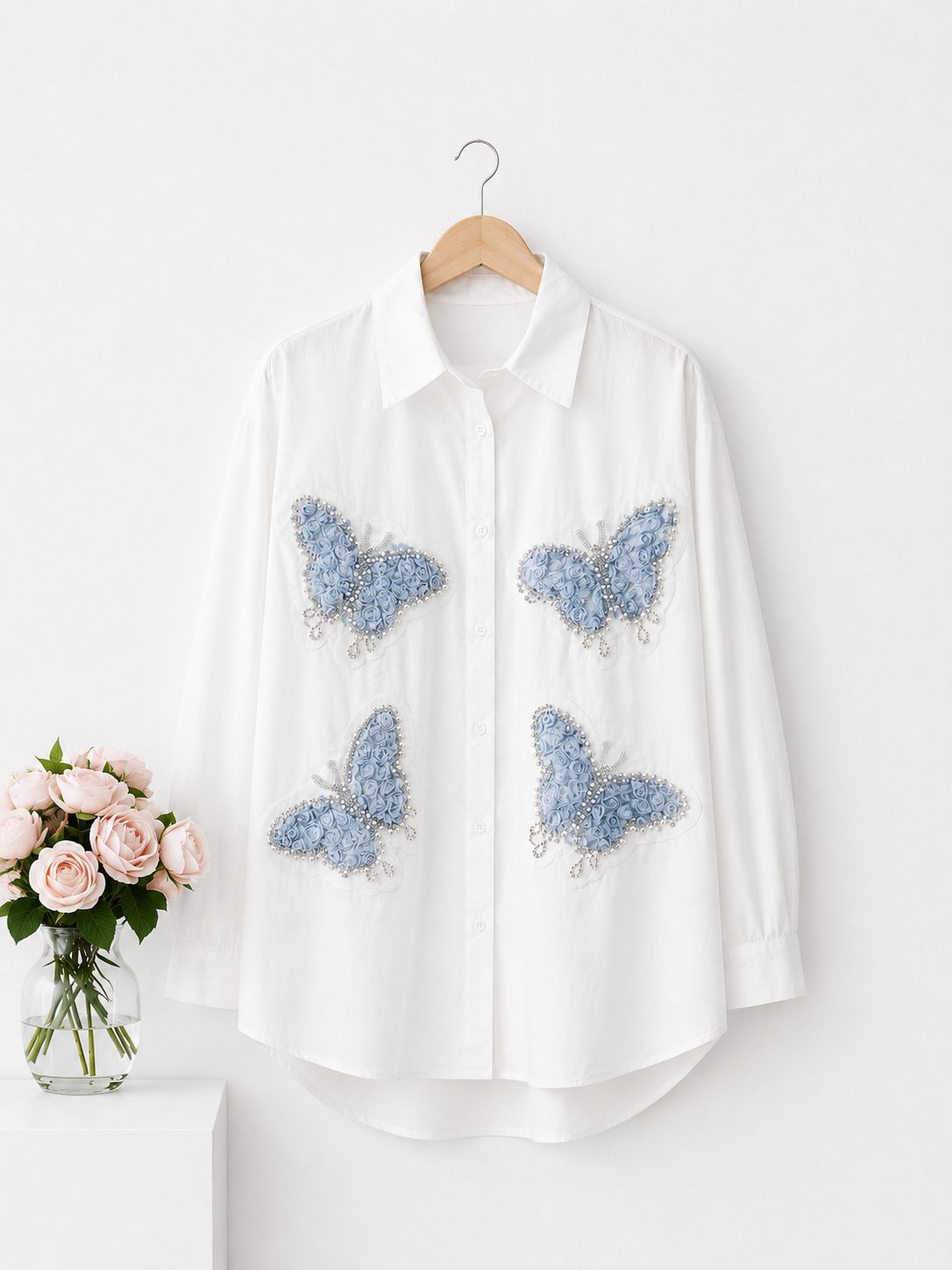 White Butterfly Detail Button Shirt