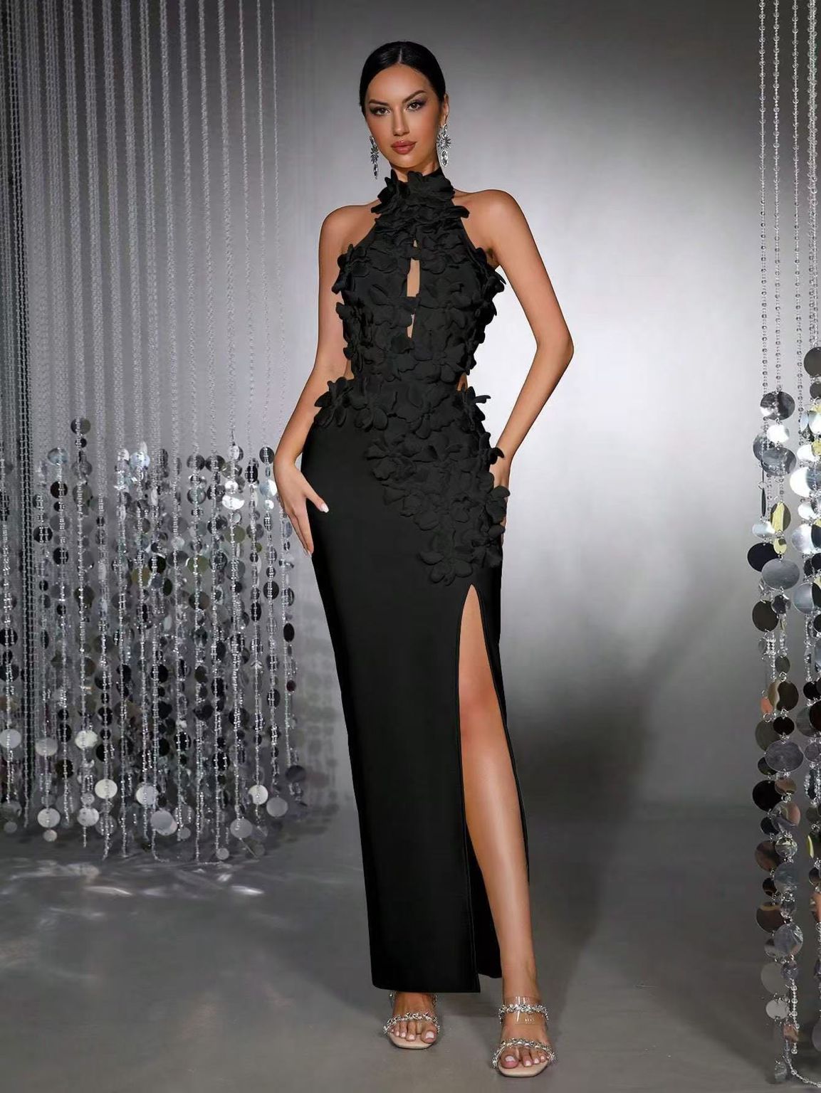 Black Floral Detail Halter Maxi Dress