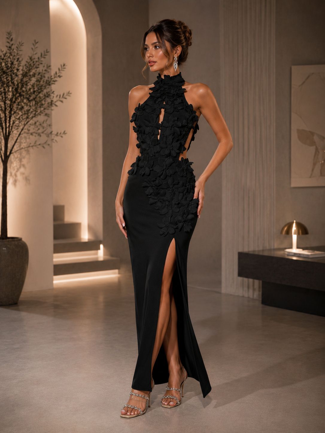 Black Floral Detail Halter Maxi Dress