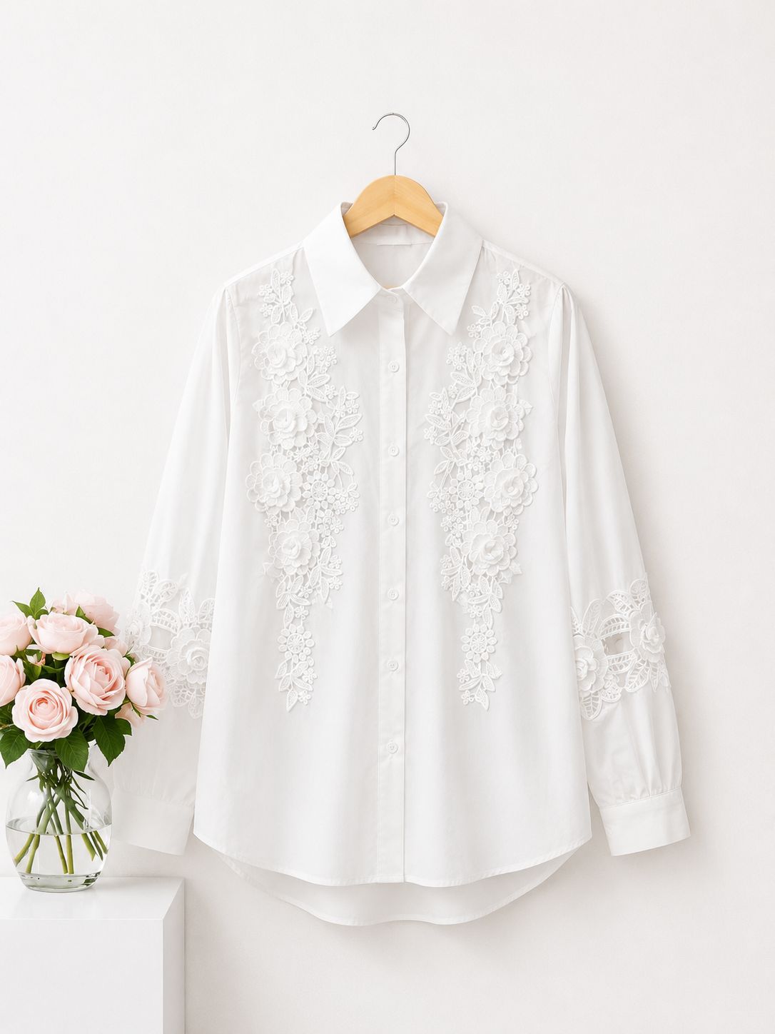 White Floral Lace Detail Shirt