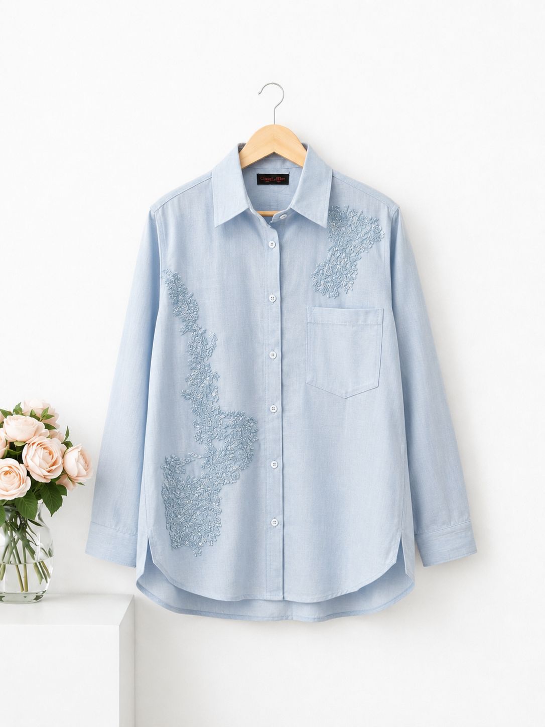 Embellished Linen Blend Poplin Shirt