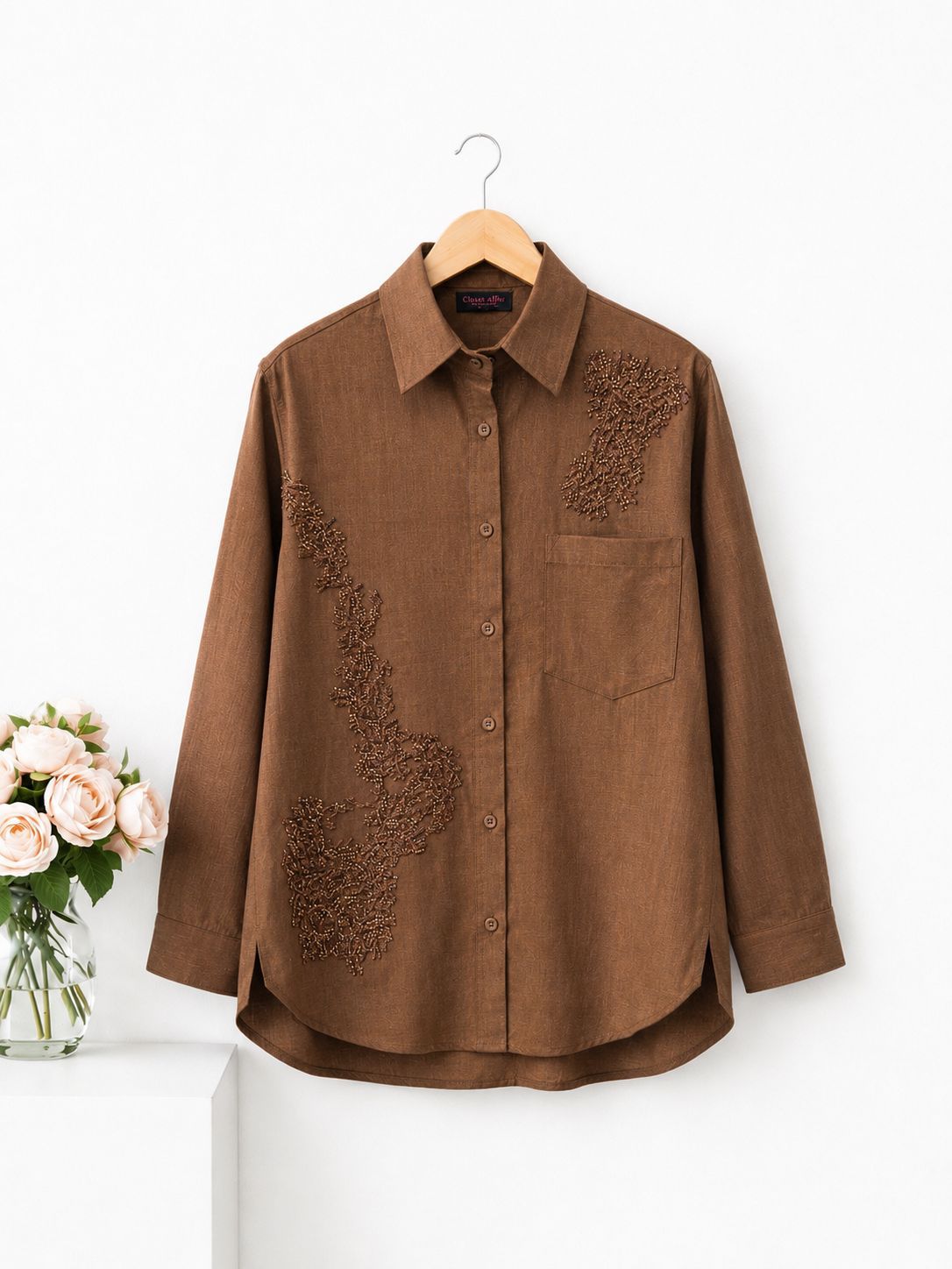 Embellished Linen Blend Poplin Shirt