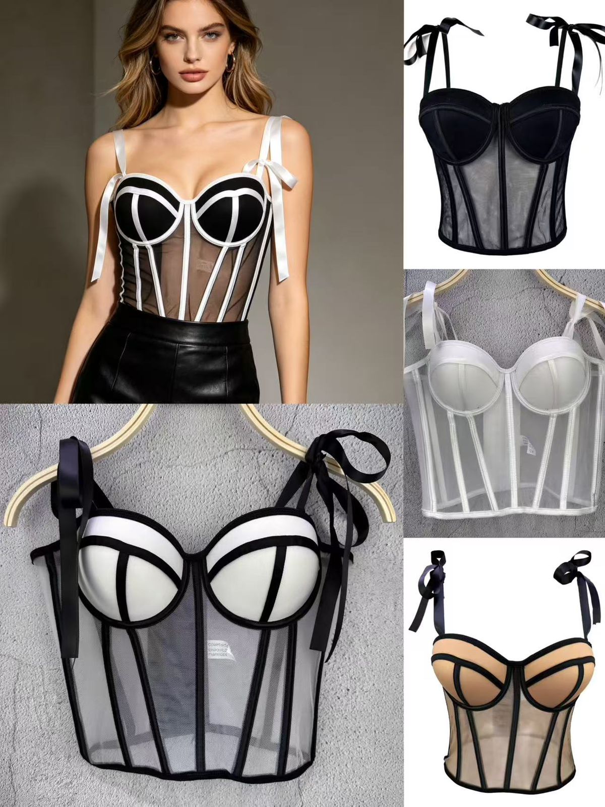 Ribbon Strap Mesh Corset Top