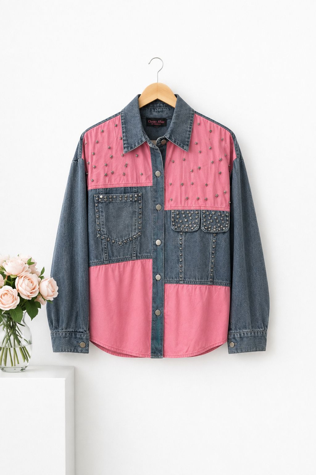 Studded Colorblock Denim Shirt