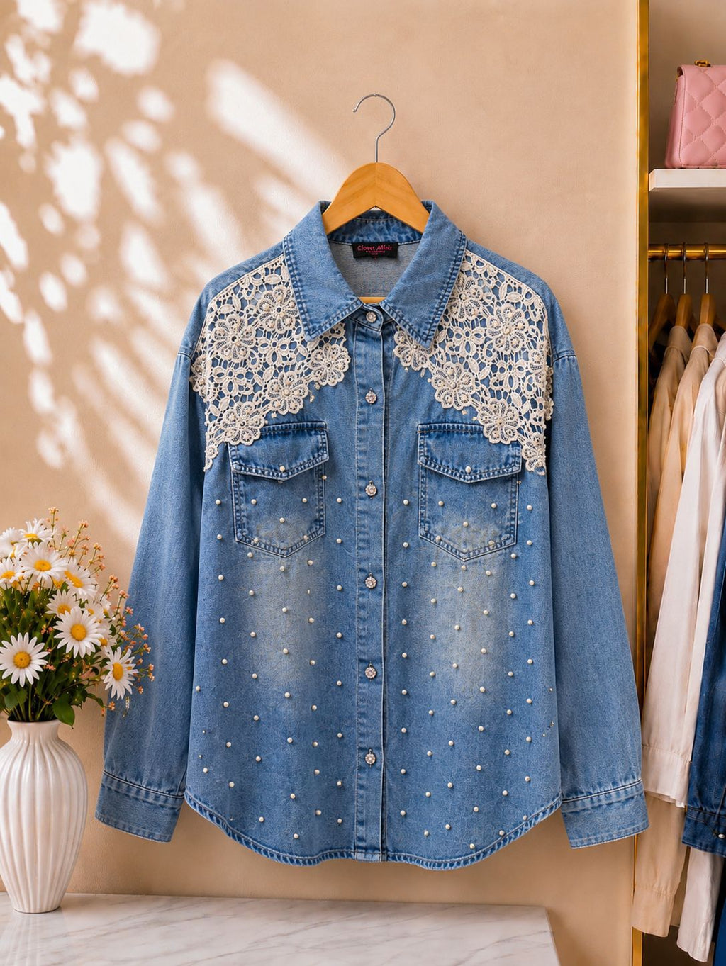 Pearl Detail Lace Denim Shirt