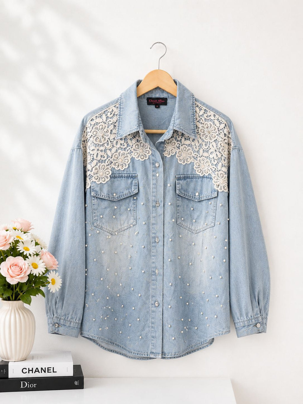 Pearl Detail Lace Denim Shirt
