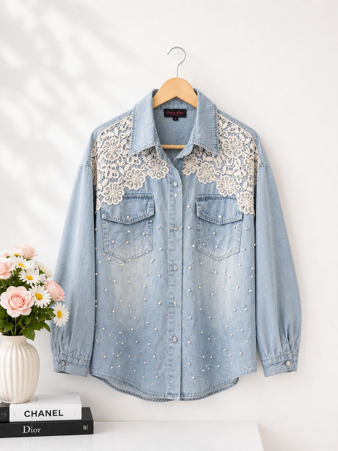 Pearl Detail Lace Denim Shirt