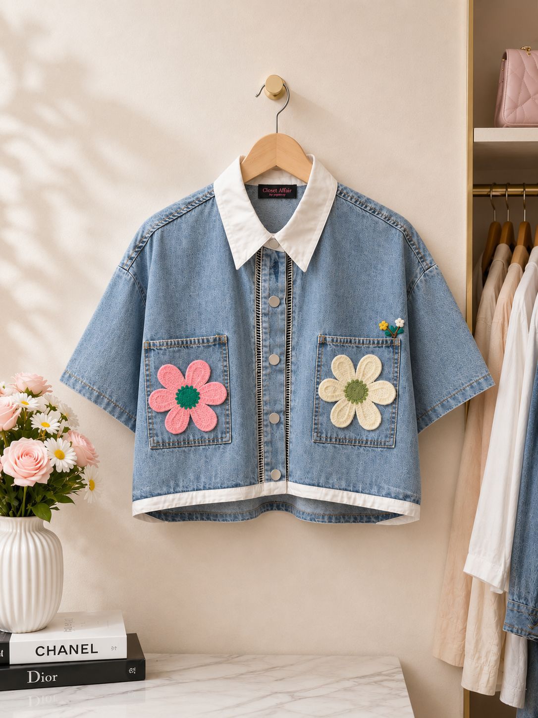 Floral Patch Denim Crop Shirt