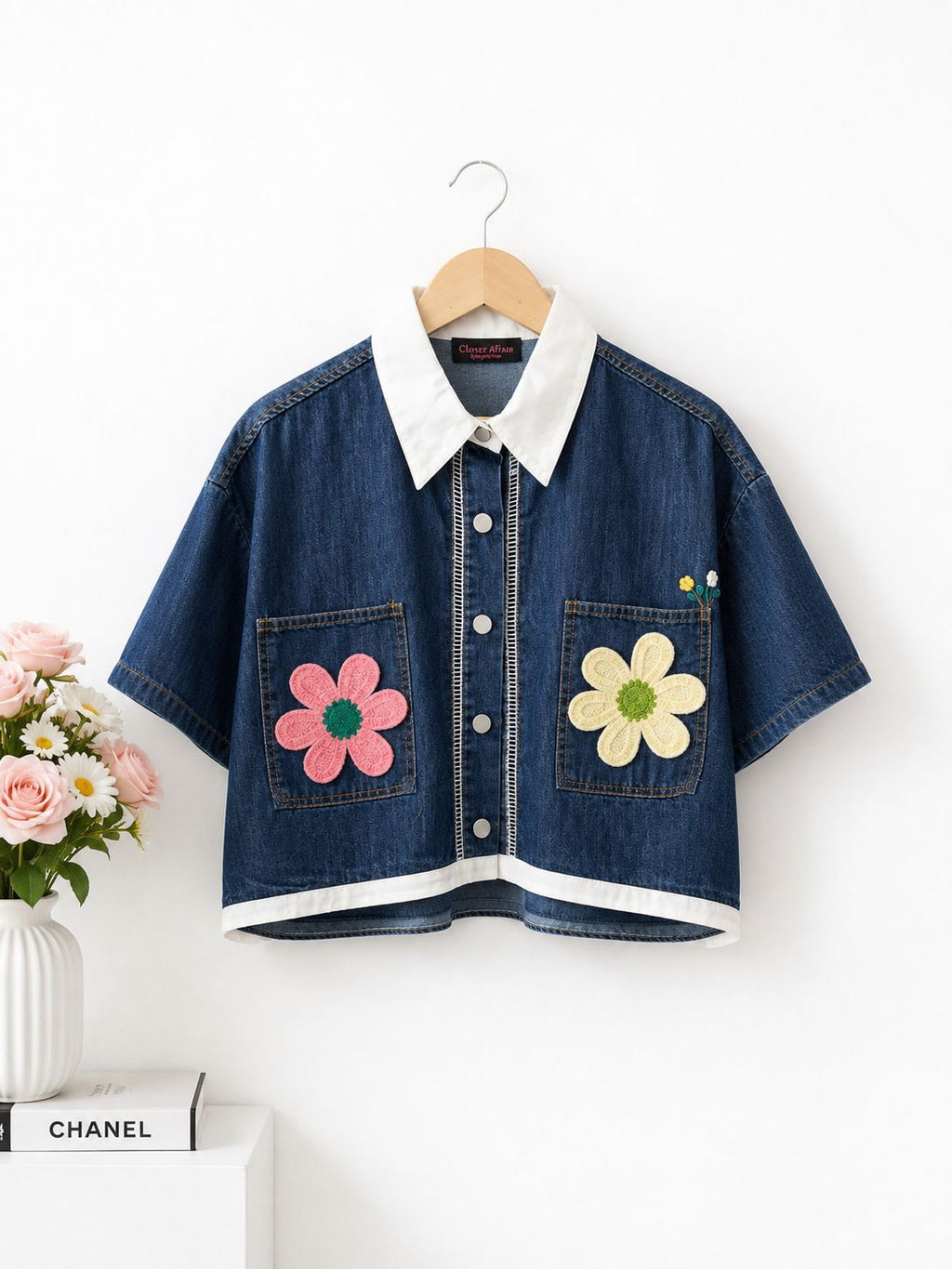 Floral Patch Denim Crop Shirt
