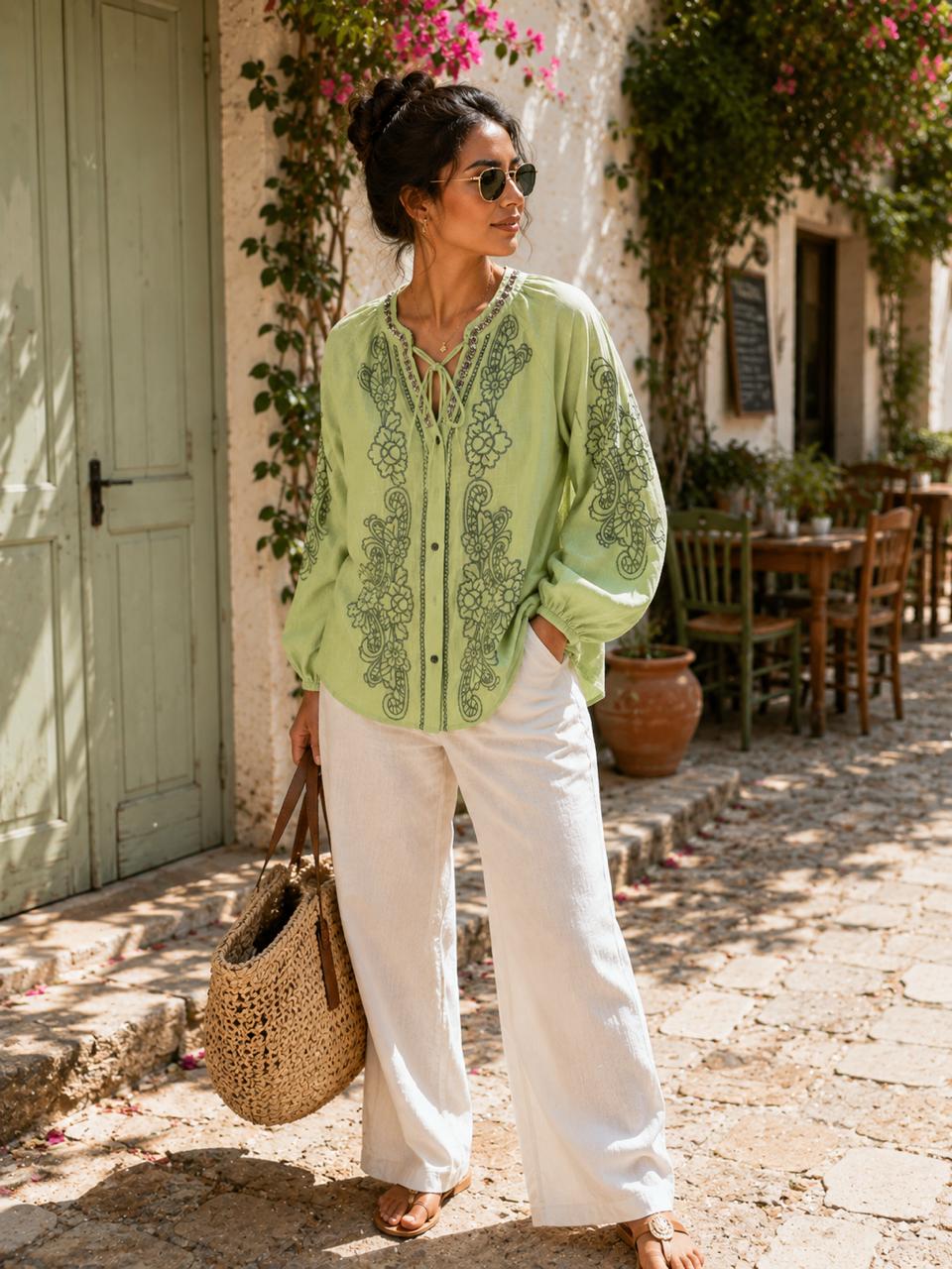 Studded Neck Linen Oversized Top