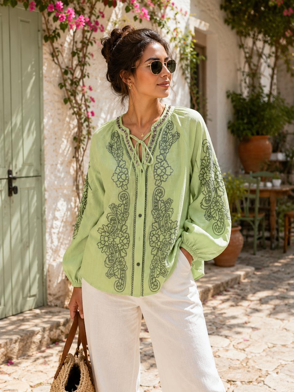 Studded Neck Linen Oversized Top