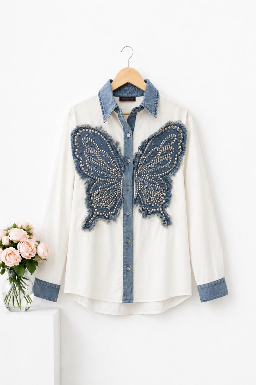 Butterfly Pearl Denim Detail Shirt