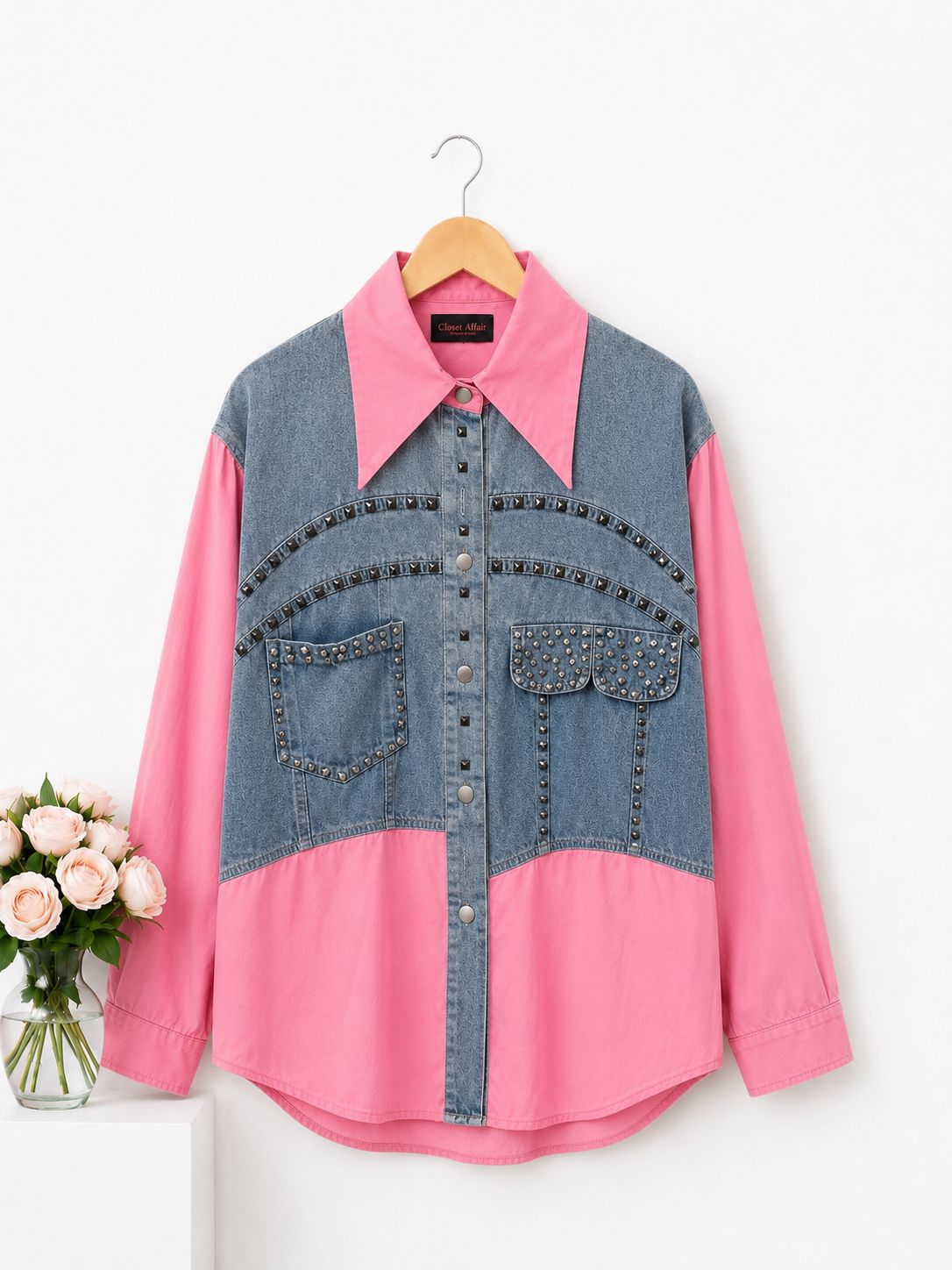 Studded Denim Contrast Statement Shirt