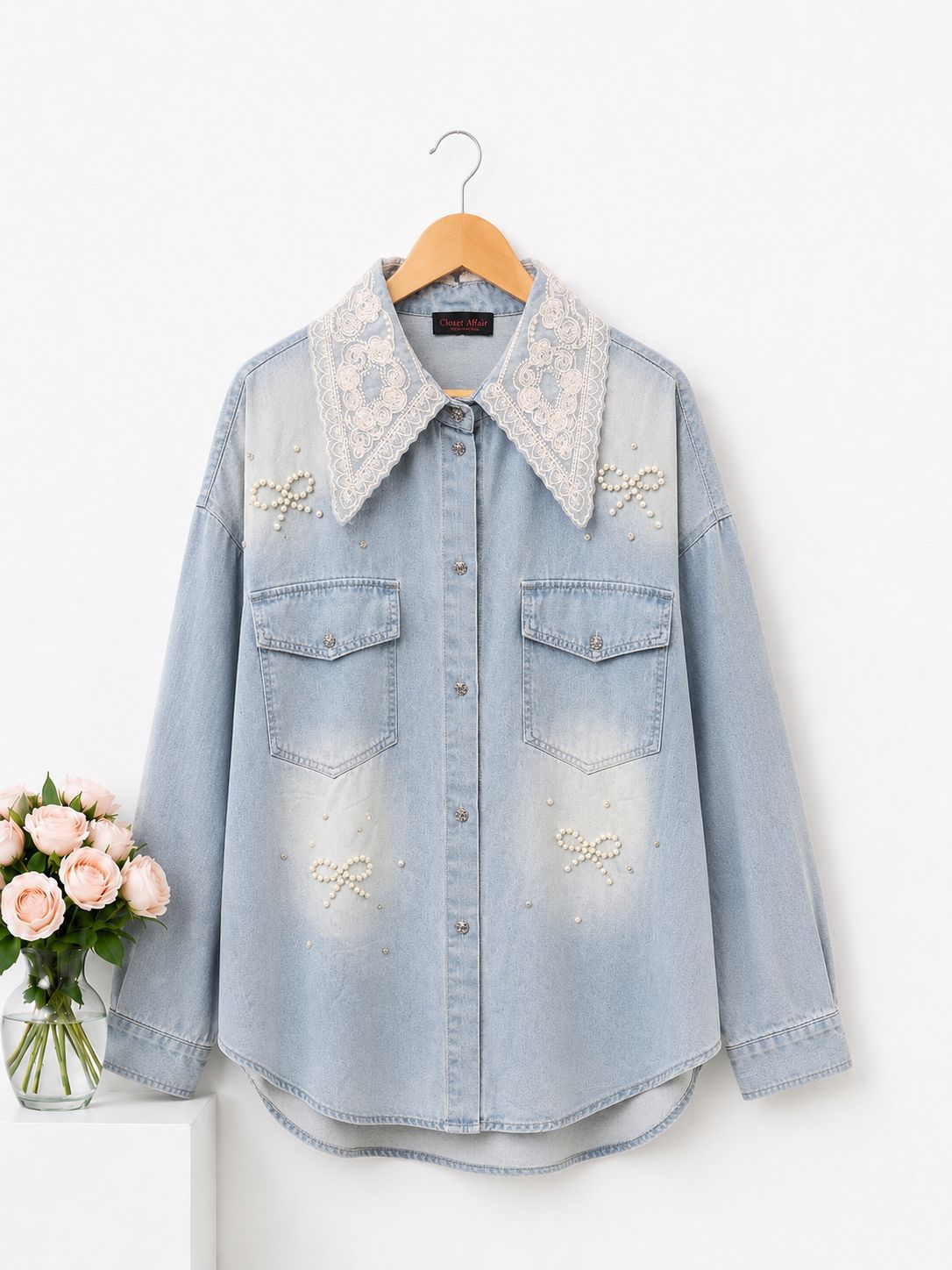 Lace Collar Pearl Detail Denim Shirt
