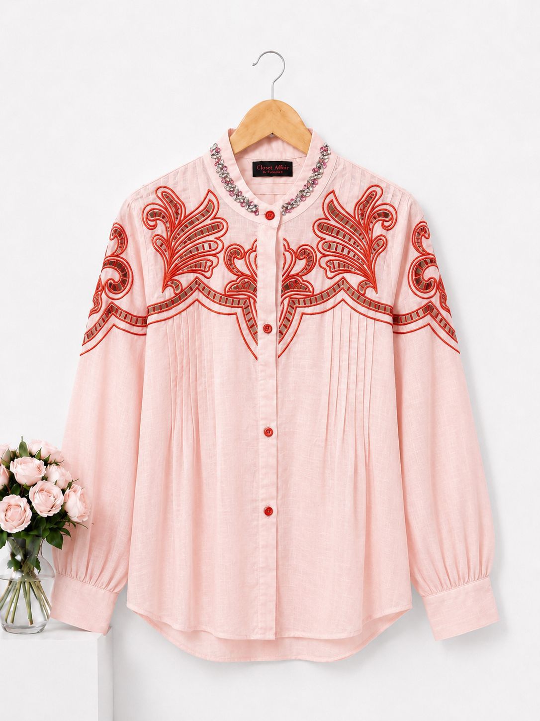 Embellished Embroidered Pintuck Poplin Shirt