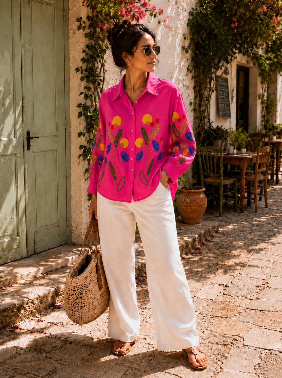 Floral Embroidered Relaxed Button-Down Shirt